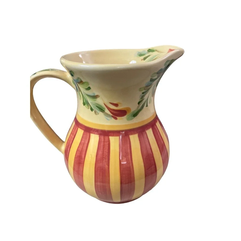 Gail Pittman Ceramic Pitcher Hand Painted Yellow Red Striped Floral Tuscan Decor